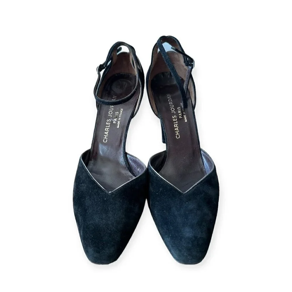 Vintage Charles Jourdan Black Suede Ankle Strap Pumps,  Size 8 1/2
